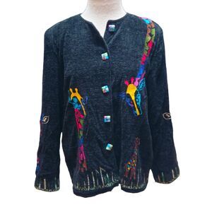 DK Daniel K Giraffe Cardigan Sweater Size M Long Sleeve Black Embroidered